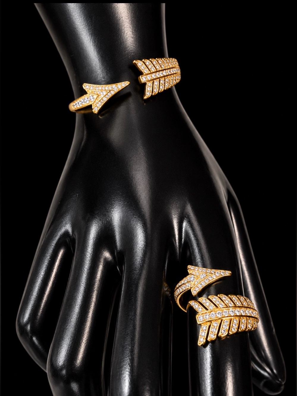 Gold Pavé Arrow Cuff Bracelet and Ring Set - Women Jewelry